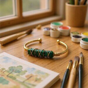 Malachite Multi-Stone Wire Wrap Cuff – 14Kt Gold Over Copper–Protection Talisman